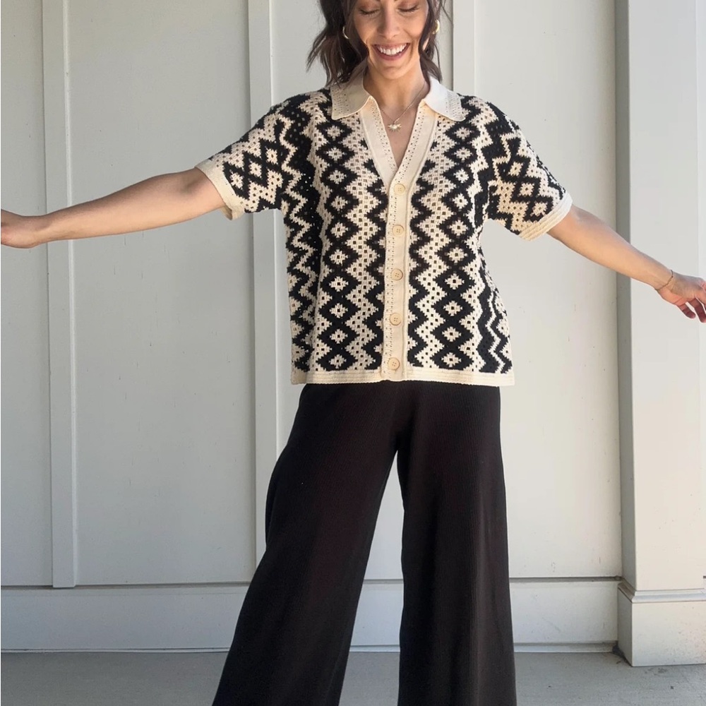 Black and White Crochet Button Closure Top